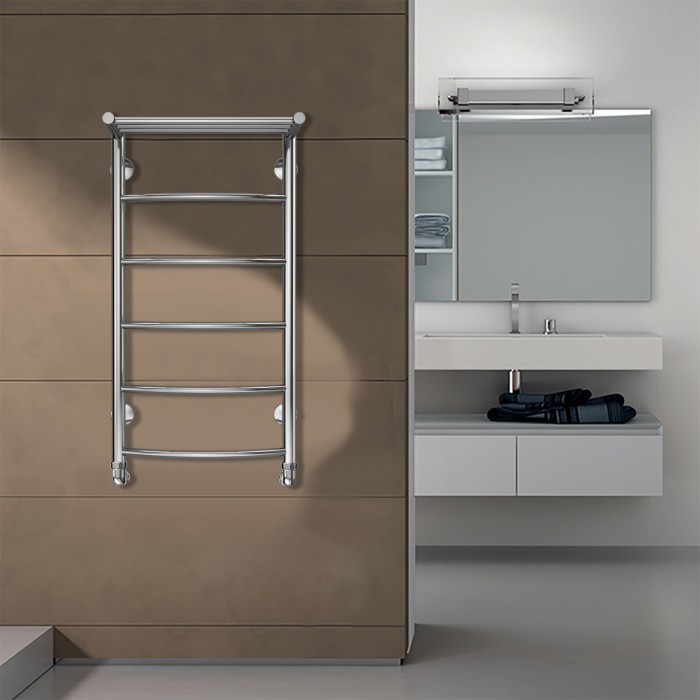 Полотенцесушитель водяной 400/800 с полкой, 5 секций, нижнее/диагональное подключение, 1/2", хром, Verona Azario - AZ04148P