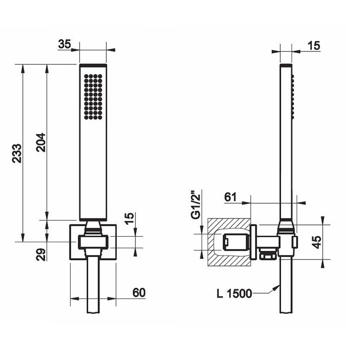 Душевой комплект: вывод на 1/2”, держатель, шланг 1,5м и душевая лейка, Gessi Rettangolo, black xl арт. 20123#299