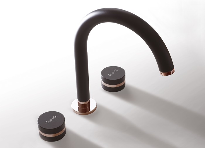 Смеситель для раковины на 3 отверстия, поворотный излив, донный клапан Up&amp;Down, Giulini My ring, черный матовый c кольцом розовое золото арт. MR0112/UCCNORG