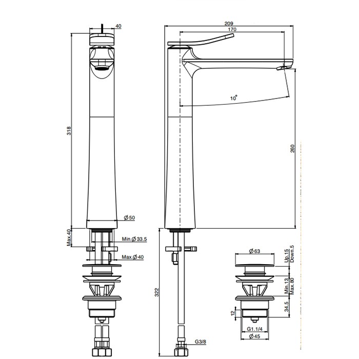 Fima Carlo Frattini Смеситель на раковину, на 1 отв., высокий h31.8см., с донным клапаном, Flo, F3801/HOR.1 цвет: золото