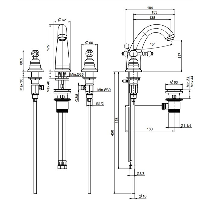 Fima Carlo Frattini Смеситель для раковины, на 3 отв., с донным клапаном, Epoque, F5071OR цвет: золото