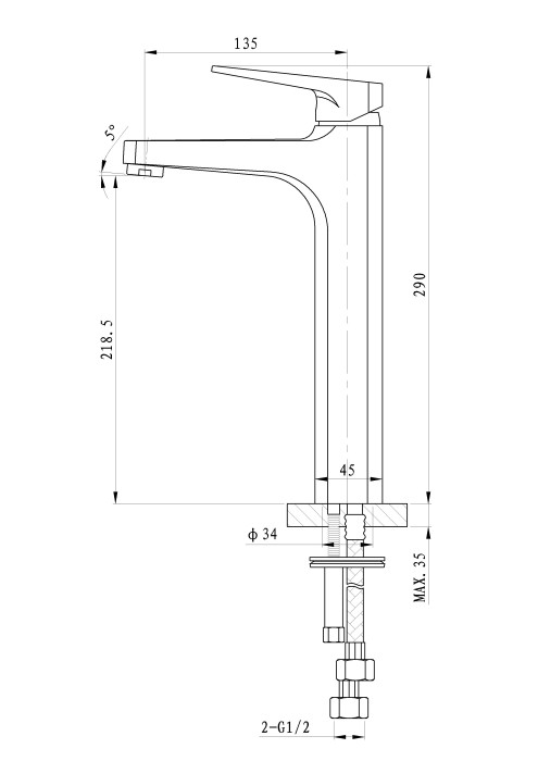 Смеситель для раковины высокий, Wonzon & Woghand Athens, WW-081102-CR цвет: хром