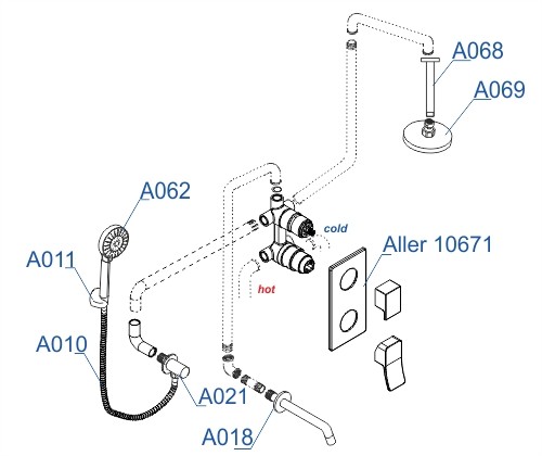 Встраиваемый комплект для ванны с верхней душевой насадкой, лейкой и изливом Aller 1060 WasserKRAFT арт. A171668