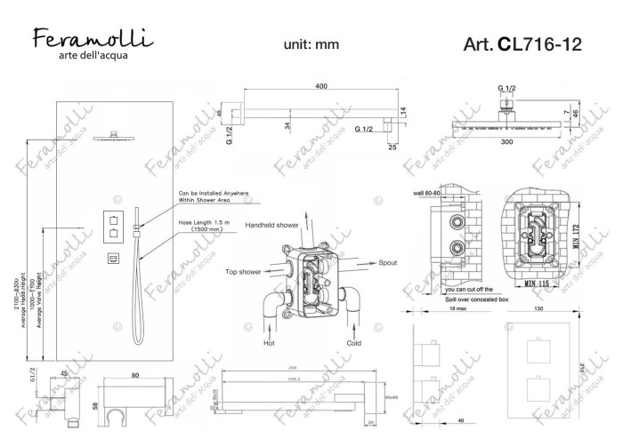 Душевая система с термостатом, хром, Termostato Feramolli - CL716-12