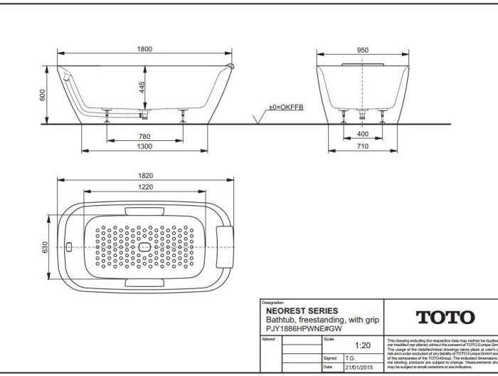 Отдельностоящая ванна 180х95 см, Neorest TOTO, PJY1886HPWNE цвет: белый