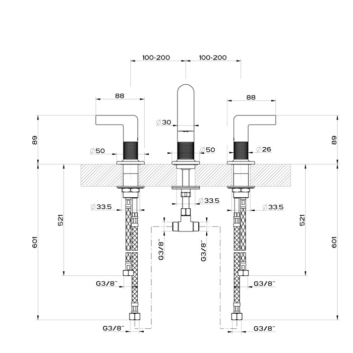 Смеситель для раковины на 3 отверстия, соединительные шланги на 3/8”, без донного клапана, Gessi Inciso, black xl арт. 58012#299