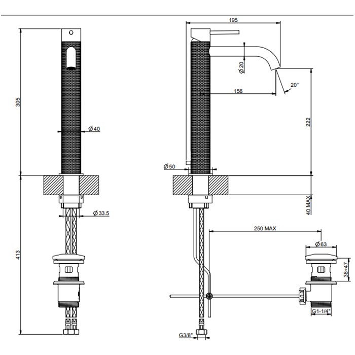 Смеситель для раковины, 1 отв., с донным клапаном, Gessi 316, black xl арт. 54403#299
