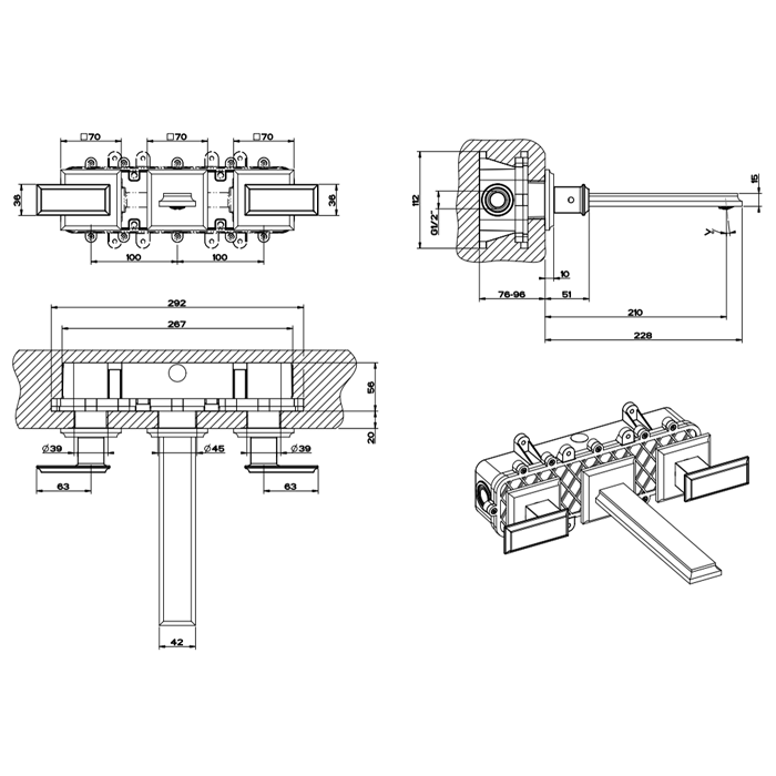Встраиваемый смеситель для раковины на 3 отверстия, без донного клапана, с изливом, Gessi Eleganza, золото арт. 46090#080