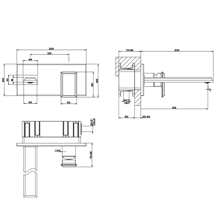 Встраиваемый однорычажный смеситель для раковины, без донного клапана, с изливом, Gessi Eleganza, золото арт. 46088#080
