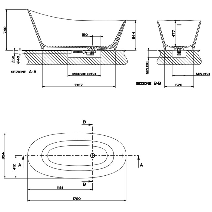 Ванна 180х83х55см., со сливом, Cono Gessi, белый матовый - 45925#521