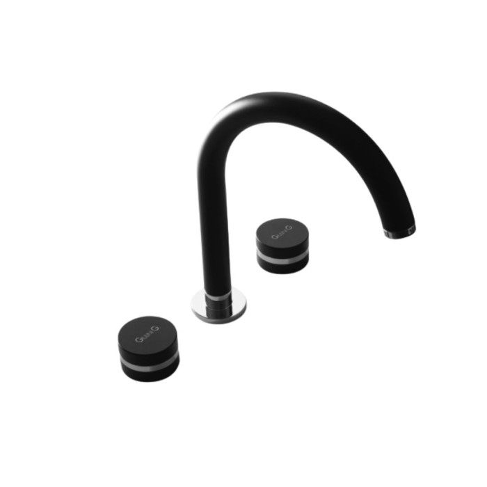 Смеситель для раковины на 3 отверстия, поворотный излив, донный клапан Up&amp;Down, Giulini My ring, черный матовый c кольцом хром арт. MR0112/UCNO