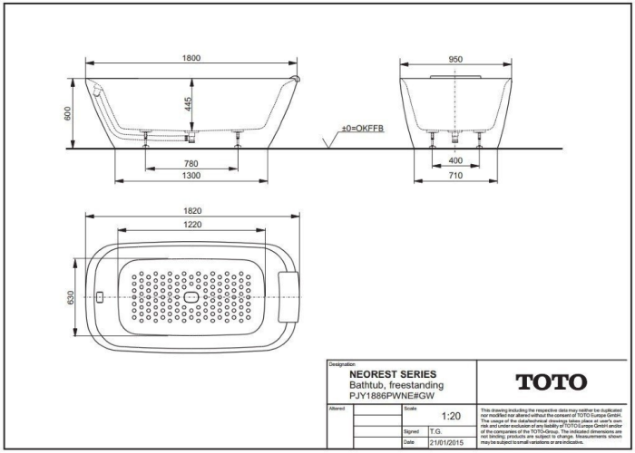 Отдельностоящая ванна 180х95 см, Neorest TOTO, PJY1886PWNE цвет: белый