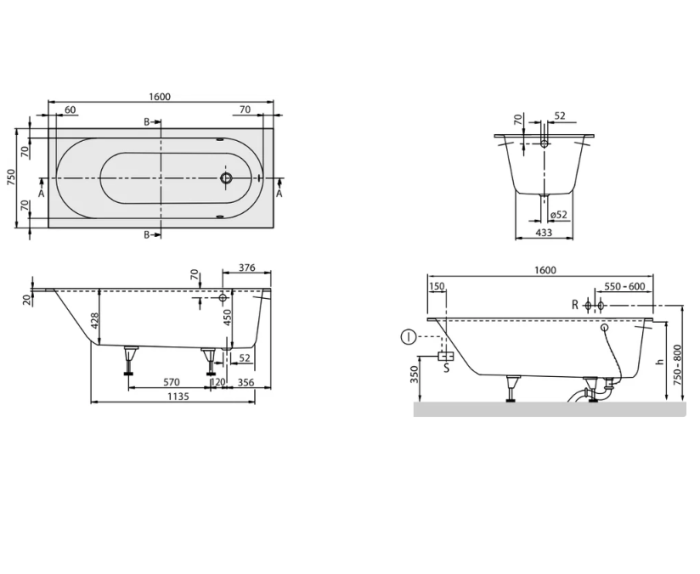 Ванна Villeroy & Boch Oberon 180x80 см кварил, с ножками, цвет альпийский белый арт. UBQ180OBE2V01