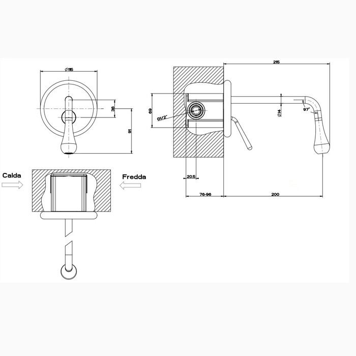 Встраиваемый однорычажный смеситель для раковины, излив 200мм, Gessi Goccia, хром арт. 33684#031