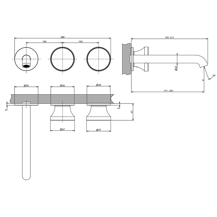Смеситель для раковины, встраиваемый с изливом: 17.1см., (внешняя часть) цвет: Finox Brushed Nickel, Gessi Origini, finox brushed nickel арт. 66090#149