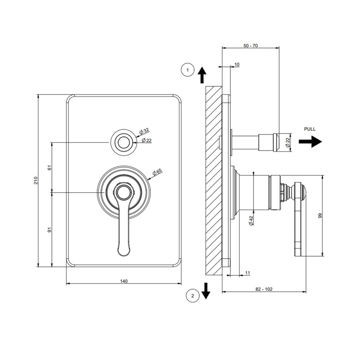 Смеситель встраиваемый, однорычажный, с переключателем на 2 положения, внешняя часть, Gessi Venti20, brass pvd арт. 65079#710