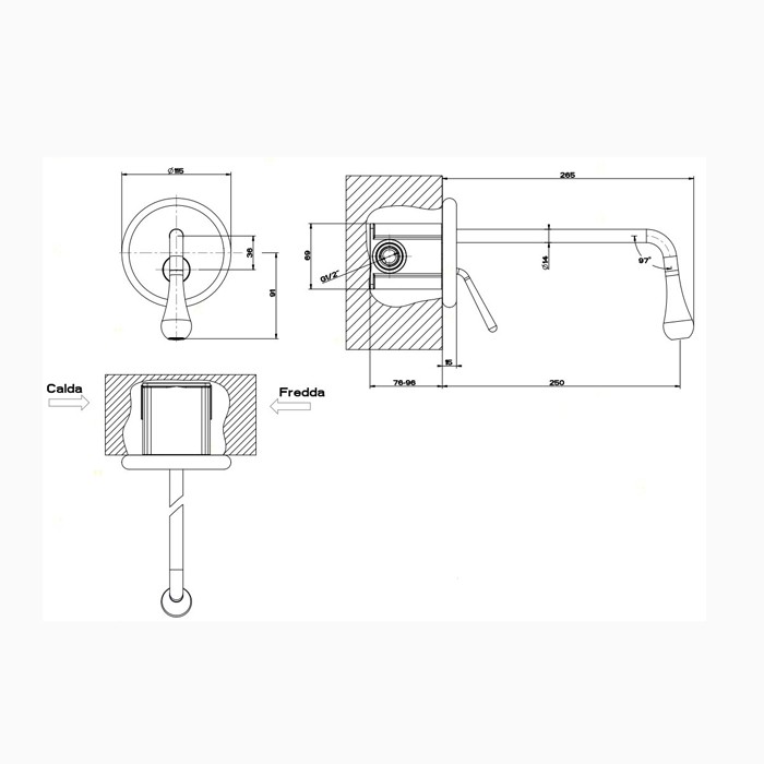 Встраиваемый однорычажный смеситель для раковины, излив 250мм, Gessi Goccia, хром арт. 33686#031