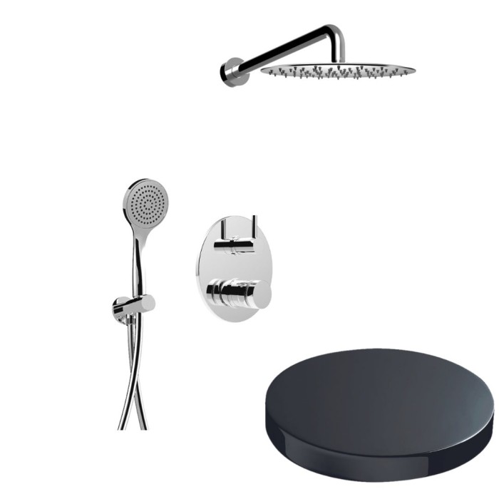 Встраиваемый душевой комплект на 2 режима, однорычажный, с поворотным переключателем, ручной душ, кронштейн, верхний душ d25 см, Giulini My ring deluxe, хром черный глянц арт. MR0067DLEPCRN