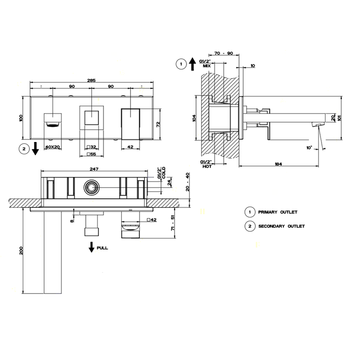 Встраиваемый смеситель с изливом и переключателем PULL, Gessi Rettangolo, хром арт. 44907#031