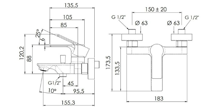 Смеситель для ванны никель глянцевый, Remer Energy, внешнего монтажа EY02NP