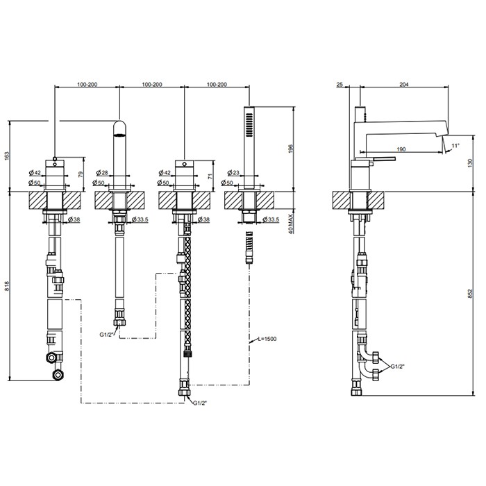 Смеситель на борт ванны, на 4 отв., с ручным душем, Gessi Ingranaggio, black metal brushed pvd арт. 63537#707