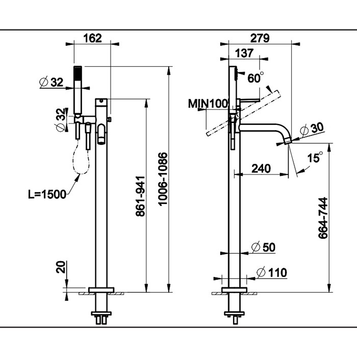 Смеситель для ванны, напольный, с душевой лейкой, Gessi Emporio Via tortona, хром арт. 24943#031