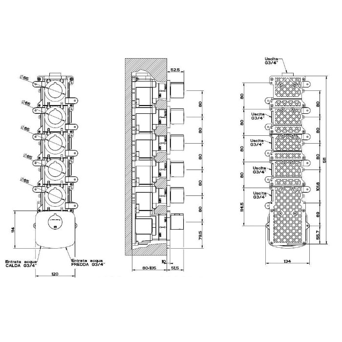 Встраиваемый термостат для душа, с 5ю независимыми выходами, верт/гориз установка, Gessi Tondo, хром арт. 43240#031