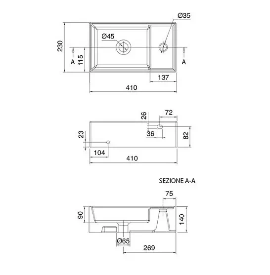 Раковина подвесная или накладная без перелива с одним отверстием, цвет белый, Scarabeo Teorema - 8031/R41x23