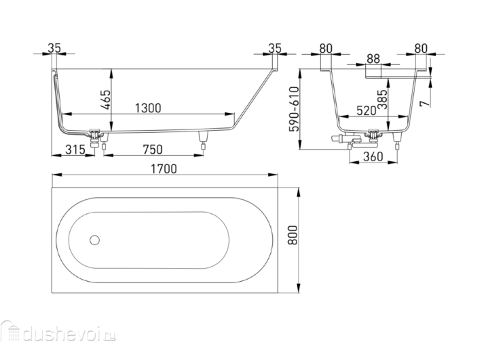 Ванна встраиваемая 170x80, глянцевая, Salini ORNELLA арт. 102414GRH