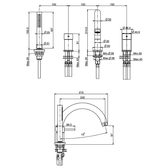 Fima Carlo Frattini Смеситель на борт ванны, на 4 отв., с ручным душем, Spillo Up, F3044NCR цвет: хром