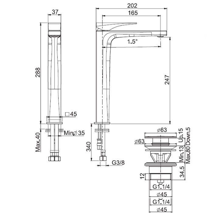 Fima Carlo Frattini Смеситель для раковины, высокий, на 1 отверстие, донный клапан click-clack, Zeta, F3961/HNNS цвет: хром