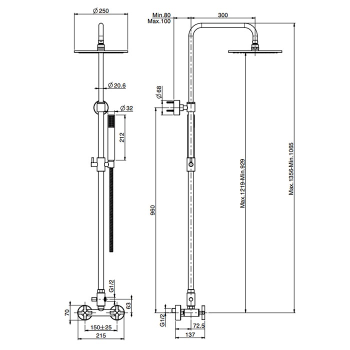 Fima Carlo Frattini Душевая система: смеситель для душа внешнего монтажа, с душевой штангой, верхним душем d 250 мм. и душевым комплектом, Maxima, F5305/2NS цвет: чёрный