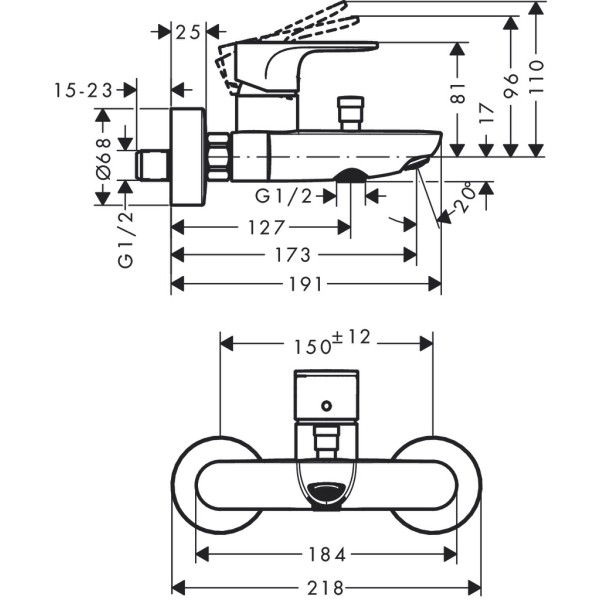 Смеситель для ванны Rebris S 2 режима расхода воды, Hansgrohe Rebris S, черный арт. 72443670