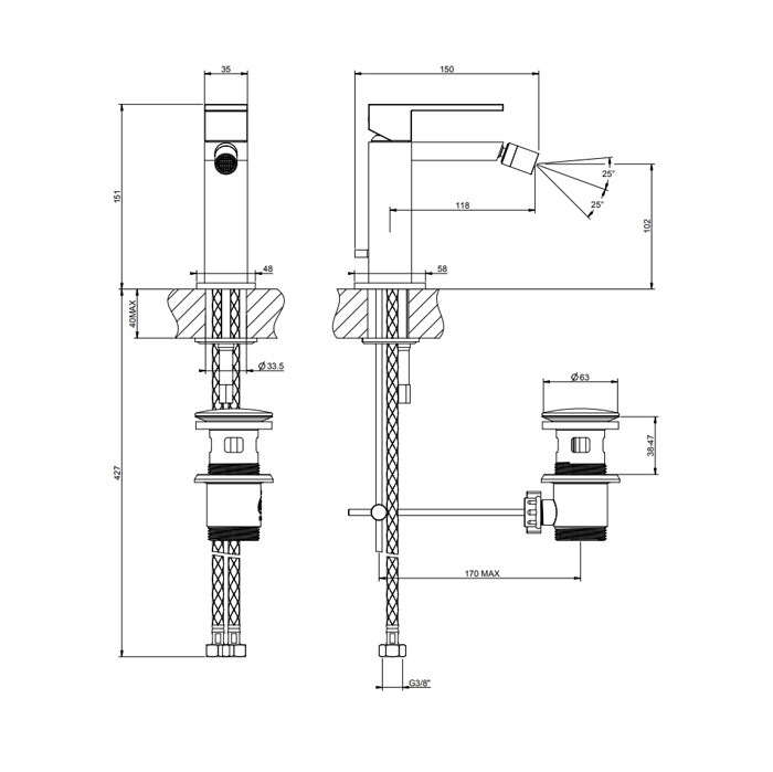 Смеситель для биде на 1 отверстие, с донным клапаном, Gessi Rettangolo, black xl арт. 20007#299