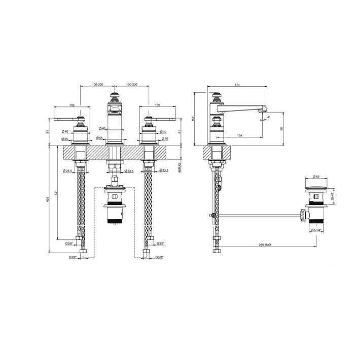 Смеситель для раковины на 3 отверстия, высота излива 98 мм., в комплекте с донным клапаном, Gessi Venti20, хром арт. 65012#031