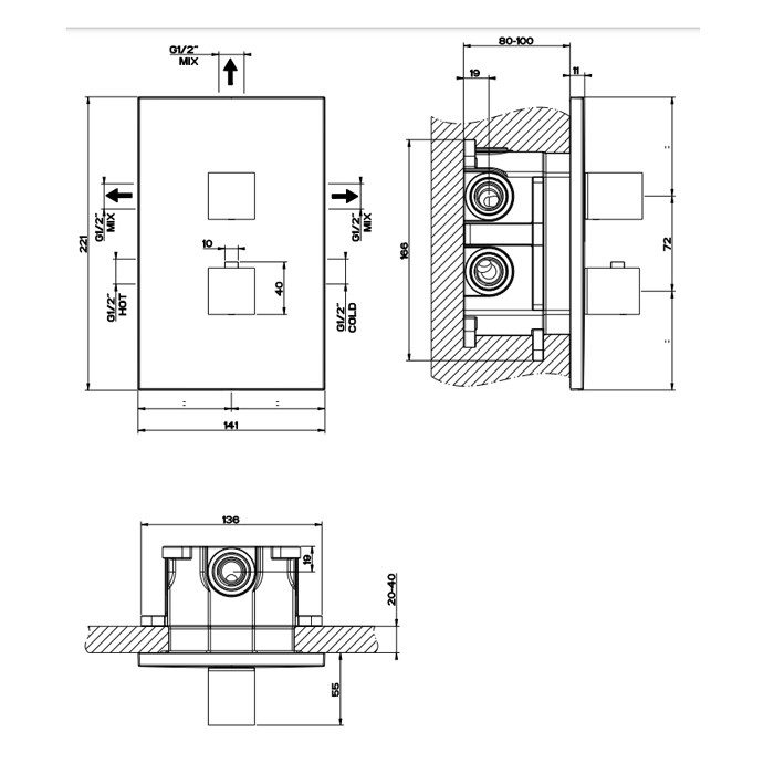 Смеситель для душа, встраиваемый, термостатический, подключение на 3/4”, с переключателем на 3 выхода, Gessi Rettangolo, black xl арт. 20190#299