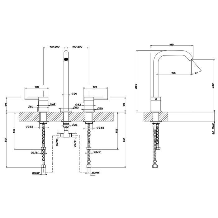 Смеситель для раковины на 3 отверстия, без донного клапана. цвет: шлифованная сталь, Gessi Flessa, шлифованная сталь арт. 54011#239