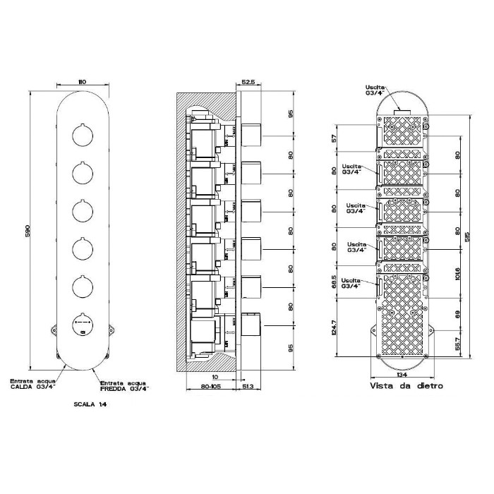 Встраиваемый термостат для душа, с 5ю независимыми выходами, верт/гориз установка, Gessi Tondo, хром арт. 43070#031