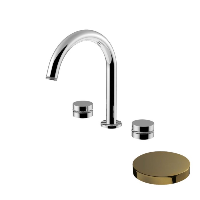 Смеситель для раковины на 3 отверстия, поворотный излив, донный клапан Up&amp;Down, Giulini My ring deluxe, Золото 24 Карата арт. MR0112/UDLORO