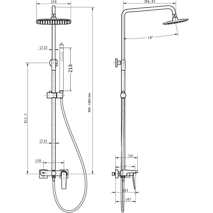 Стойка для душа со смесителем, черный, Venturo Boheme 378-SGM