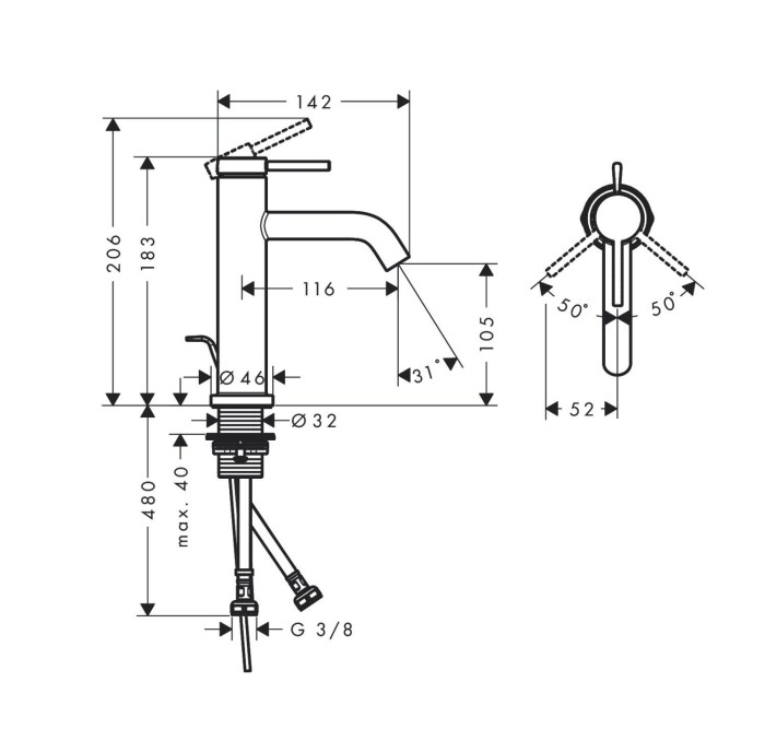 Cмеситель для раковины EcoSmart+, с донным клапаном, Hansgrohe Tecturis S, чёрный арт. 73310670