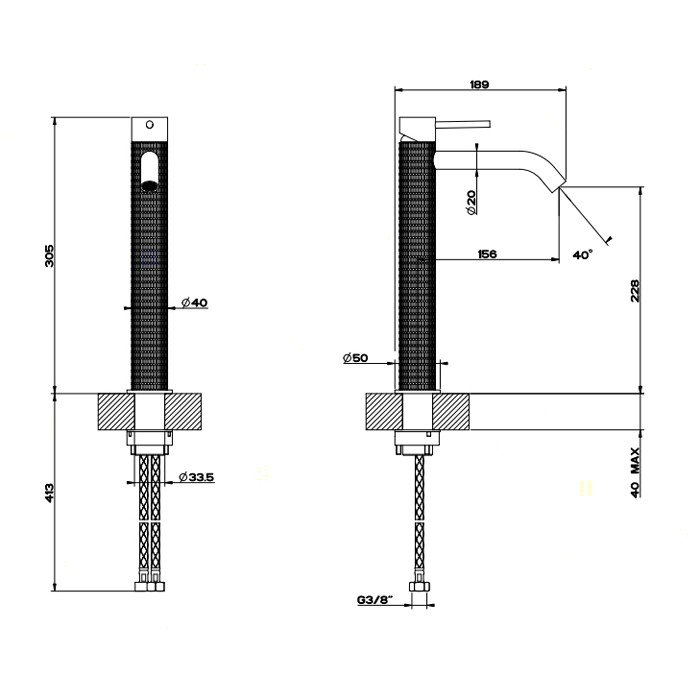 Смеситель для раковины высокий, без донного клапана, Gessi Meccanica, шлифованная сталь арт. 54206#239
