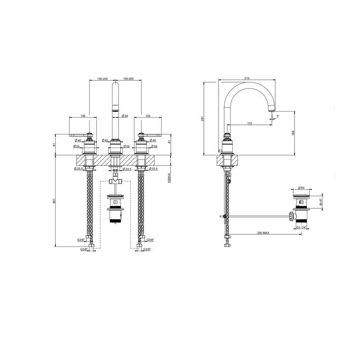 Смеситель для раковины на 3 отверстия, высота излива 168 мм., в комплекте с донным клапаном, Gessi Venti20, хром арт. 65015#031