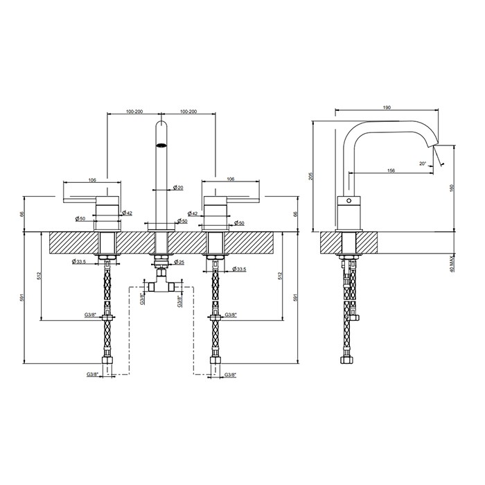 Смеситель для раковины, на 3 отв., без донного клапана, излив 15.6см, h=20см., Gessi 316, black xl арт. 54012#299