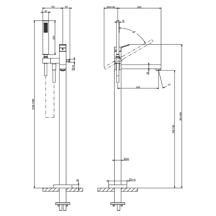 Смеситель для ванны, напольный, с ручным душем, и шлангом 150см., внешняя часть, Gessi Rettangolo, black metal brushed pvd арт. 53129#707