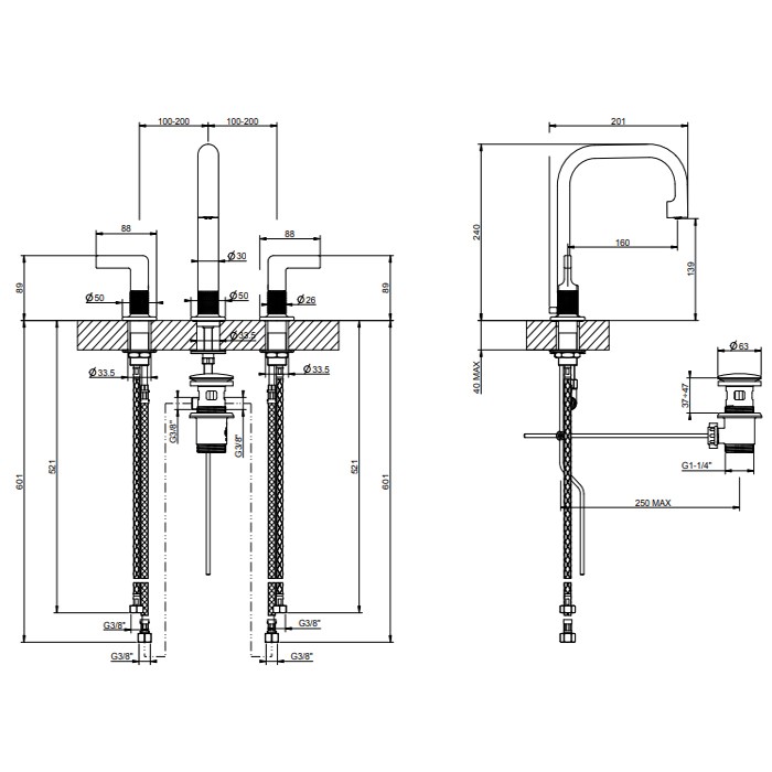 Смеситель для раковины на 3 отв., с донным клапаном, Gessi Inciso, золото арт. 58013#246