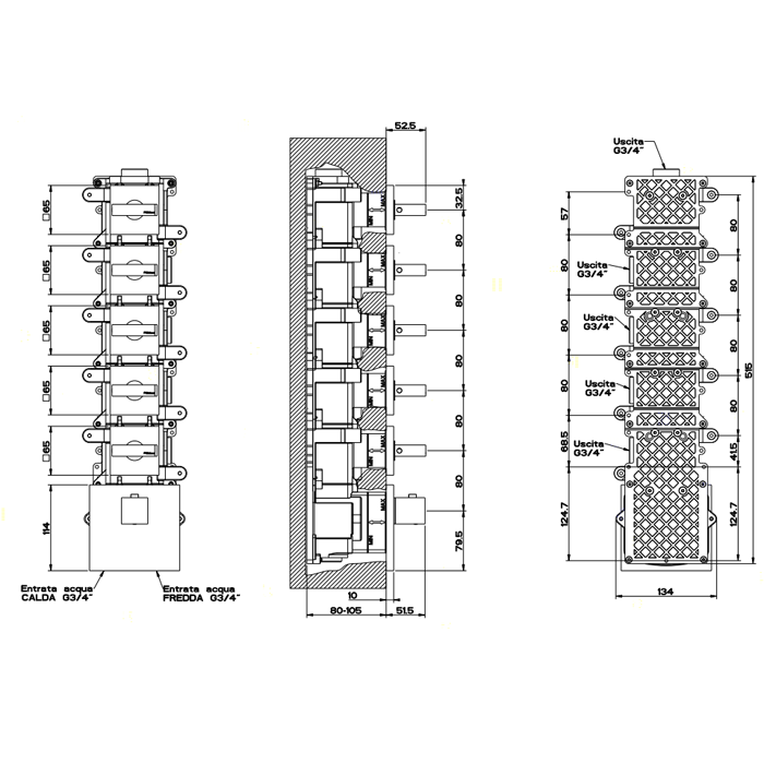 Встраиваемый термостатический смеситель, подключение на 3/4”, с 5ю независимыми выходами, Gessi Rettangolo, хром арт. 43220#031