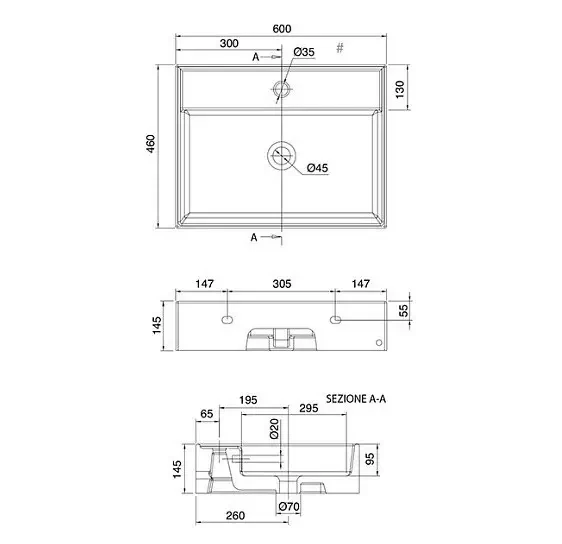 Раковина подвесная или накладная с переливом с одним отверстием, цвет черный матовый с антибактериальным и грязеотталкивающим покрытием BIOKER, Scarabeo Teorema 2.0 - 5105 49 BK