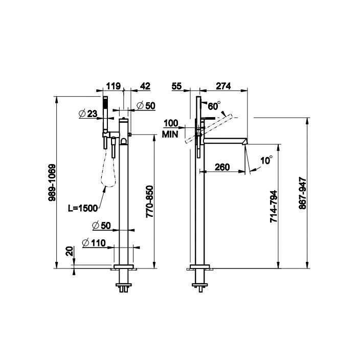 Напольный смеситель для ванны, Gessi Ingranaggio, цвет black metal pvd  арт. 63528#707