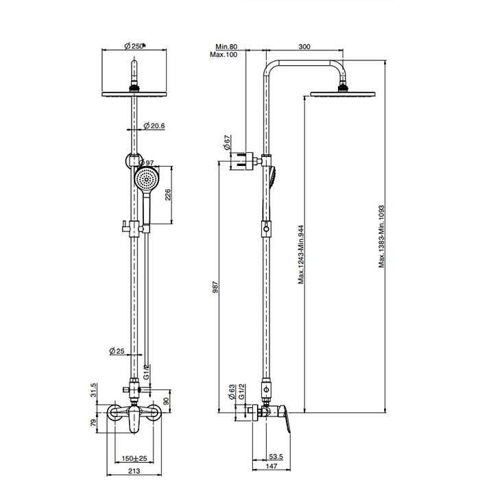 Fima Carlo Frattini Душевая стойка, верхний душ 25см., со смесителем, с держателем и ручным душем, Colonne doccia, F3035T/2GCR цвет: хром